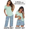 Ekouaer 3 PCS Capri Pajamas for Women Set Short Sleeve Pajama Sets Floral Pj Sets Soft Sleepwear with Pockets(Light Green Plaid)