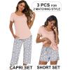 Ekouaer 3 PCS Capri Pajamas for Women Set Short Sleeve Pajama Sets Floral Pj Sets Soft Sleepwear with Pockets(Light Pink)