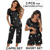 Ekouaer 3 PCS Capri Pajamas for Women Set Short Sleeve Pajama Sets Floral Pj Sets Soft Sleepwear with Pockets(Moon and Star)