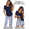 Ekouaer 3 PCS Capri Pajamas for Women Set Short Sleeve Pajama Sets Floral Pj Sets Soft Sleepwear with Pockets(Navy Plaid)