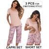Ekouaer 3 PCS Capri Pajamas for Women Set Short Sleeve Pajama Sets Floral Pj Sets Soft Sleepwear with Pockets(Pink Flowers)