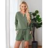 Ekouaer Pajama Set for Women Waffle Knit Lounge Sets Long Sleeve Top and Shorts Sleepwear Matching Loungewear S-XXL(Dark Green)