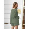 Ekouaer Pajama Set for Women Waffle Knit Lounge Sets Long Sleeve Top and Shorts Sleepwear Matching Loungewear S-XXL(Dark Green)