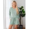 Ekouaer Pajama Set for Women Waffle Knit Lounge Sets Long Sleeve Top and Shorts Sleepwear Matching Loungewear S-XXL(Gray Green)
