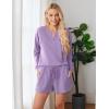 Ekouaer Pajama Set for Women Waffle Knit Lounge Sets Long Sleeve Top and Shorts Sleepwear Matching Loungewear S-XXL(Lilac)
