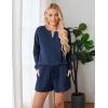 Ekouaer Pajama Set for Women Waffle Knit Lounge Sets Long Sleeve Top and Shorts Sleepwear Matching Loungewear S-XXL(Navy Blue)