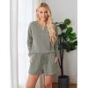Ekouaer Pajama Set for Women Waffle Knit Lounge Sets Long Sleeve Top and Shorts Sleepwear Matching Loungewear S-XXL(Olive Green)