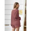 Ekouaer Pajama Set for Women Waffle Knit Lounge Sets Long Sleeve Top and Shorts Sleepwear Matching Loungewear S-XXL(Rose Red)