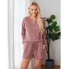 Ekouaer Pajama Set for Women Waffle Knit Lounge Sets Long Sleeve Top and Shorts Sleepwear Matching Loungewear S-XXL(Rose Red)