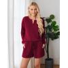 Ekouaer Pajama Set for Women Waffle Knit Lounge Sets Long Sleeve Top and Shorts Sleepwear Matching Loungewear S-XXL(Wine Red)