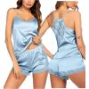 Ekouaer Satin Pajamas Women Lace Sleepwear Lingerie Cami Shorts Set Nightwear XS-XXL(Light Blue)