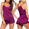 Ekouaer Satin Pajamas Women Lace Sleepwear Lingerie Cami Shorts Set Nightwear XS-XXL(Purple)
