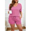 Ekouaer Womens Ribbed Knit Lounge Set Short Sleeve Top and Shorts Sleepwear Pajama Set Two Piece Shorts Outfits Set(Hot Pink)