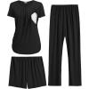 Ekouaer Maternity Nursing Pajamas Set 3 Piece Postpartum Lounge Breastfeeding Pjs Pregnancy Shorts & Pants S-XXL(Black)