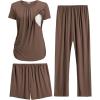 Ekouaer Maternity Nursing Pajamas Set 3 Piece Postpartum Lounge Breastfeeding Pjs Pregnancy Shorts & Pants S-XXL(Brown)