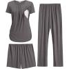 Ekouaer Maternity Nursing Pajamas Set 3 Piece Postpartum Lounge Breastfeeding Pjs Pregnancy Shorts & Pants S-XXL(Dark Gray)