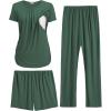 Ekouaer Maternity Nursing Pajamas Set 3 Piece Postpartum Lounge Breastfeeding Pjs Pregnancy Shorts & Pants S-XXL(Dark Green)