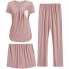 Ekouaer Maternity Nursing Pajamas Set 3 Piece Postpartum Lounge Breastfeeding Pjs Pregnancy Shorts & Pants S-XXL(Dirty Pink)