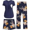 Ekouaer Maternity Nursing Pajamas Set 3 Piece Postpartum Lounge Breastfeeding Pjs Pregnancy Shorts & Pants S-XXL(Floral Navy Blue)