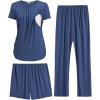 Ekouaer Maternity Nursing Pajamas Set 3 Piece Postpartum Lounge Breastfeeding Pjs Pregnancy Shorts & Pants S-XXL(Navy Blue)