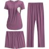 Ekouaer Maternity Nursing Pajamas Set 3 Piece Postpartum Lounge Breastfeeding Pjs Pregnancy Shorts & Pants S-XXL(Purple Red)