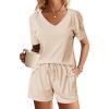 Ekouaer Womens Ribbed Knit Lounge Set Short Sleeve Top and Shorts Sleepwear Pajama Set Two Piece Shorts Outfits Set(Beige)