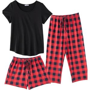 Ekouaer 3 PCS Capri Pajamas for Women Set Short Sleeve Pajama Sets Floral Pj Sets Soft Sleepwear with Pockets(Black Red Plaid)
