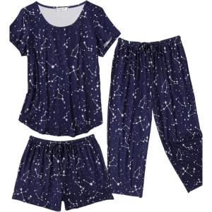Ekouaer 3 PCS Capri Pajamas for Women Set Short Sleeve Pajama Sets Floral Pj Sets Soft Sleepwear with Pockets(Blue Stars)