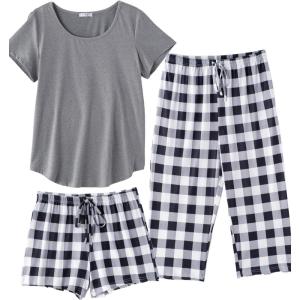 Ekouaer 3 PCS Capri Pajamas for Women Set Short Sleeve Pajama Sets Floral Pj Sets Soft Sleepwear with Pockets(Dark Grey Plaid)