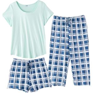 Ekouaer 3 PCS Capri Pajamas for Women Set Short Sleeve Pajama Sets Floral Pj Sets Soft Sleepwear with Pockets(Light Green Plaid)