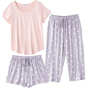Ekouaer 3 PCS Capri Pajamas for Women Set Short Sleeve Pajama Sets Floral Pj Sets Soft Sleepwear with Pockets(Light Pink)