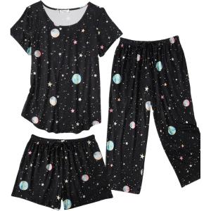Ekouaer 3 PCS Capri Pajamas for Women Set Short Sleeve Pajama Sets Floral Pj Sets Soft Sleepwear with Pockets(Moon and Star)