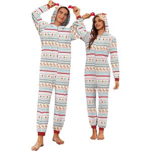 Ekouaer Christmas Matching Onesie for Couples Elk Antler Hooded Zipper Long Sleeve Pajamas with Pockets S-XXL(Christmas Elk)