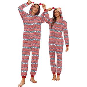 Ekouaer Christmas Matching Onesie for Couples Elk Antler Hooded Zipper Long Sleeve Pajamas with Pockets S-XXL(Elk Red)