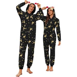 Ekouaer Christmas Matching Onesie for Couples Elk Antler Hooded Zipper Long Sleeve Pajamas with Pockets S-XXL(Golden Elk)