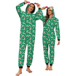 Ekouaer Christmas Matching Onesie for Couples Elk Antler Hooded Zipper Long Sleeve Pajamas with Pockets S-XXL(Reindeer Green)