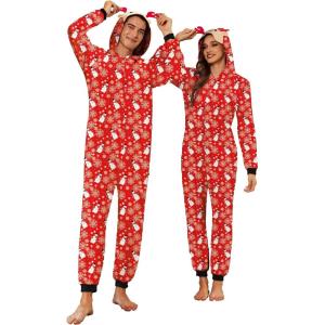 Ekouaer Christmas Matching Onesie for Couples Elk Antler Hooded Zipper Long Sleeve Pajamas with Pockets S-XXL(Snowman Red)
