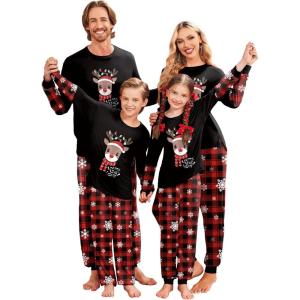 Ekouaer Family Christmas Pajamas Matching Sets Soft Long Sleeve Couple Pjs Xmas Sleepwear Holiday Lounge Set(Black Cartoon Elk)