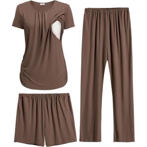 Ekouaer Maternity Nursing Pajamas Set 3 Piece Postpartum Lounge Breastfeeding Pjs Pregnancy Shorts & Pants S-XXL(Brown)
