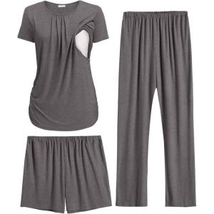 Ekouaer Maternity Nursing Pajamas Set 3 Piece Postpartum Lounge Breastfeeding Pjs Pregnancy Shorts & Pants S-XXL(Dark Gray)