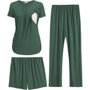 Ekouaer Maternity Nursing Pajamas Set 3 Piece Postpartum Lounge Breastfeeding Pjs Pregnancy Shorts & Pants S-XXL(Dark Green)
