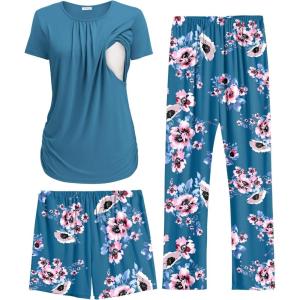 Ekouaer Maternity Nursing Pajamas Set 3 Piece Postpartum Lounge Breastfeeding Pjs Pregnancy Shorts & Pants S-XXL(Floral Teal)