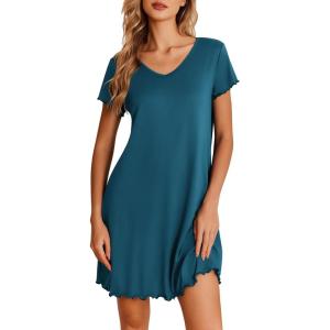 Ekouaer Nightgowns for Women Short Sleeve Sleepshirt V Neck Short Nightshirt Pullover Soft Ruffled Sleepwear S-XXXL(Blue Green)