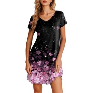 Ekouaer Nightgowns for Women Short Sleeve Sleepshirt V Neck Short Nightshirt Pullover Soft Ruffled Sleepwear S-XXXL(Cherry Blossoms)