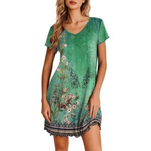 Ekouaer Nightgowns for Women Short Sleeve Sleepshirt V Neck Short Nightshirt Pullover Soft Ruffled Sleepwear S-XXXL(Green Flower)