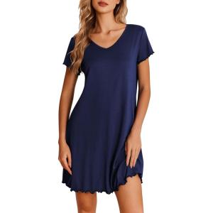 Ekouaer Nightgowns for Women Short Sleeve Sleepshirt V Neck Short Nightshirt Pullover Soft Ruffled Sleepwear S-XXXL(Navy Blue)