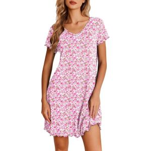 Ekouaer Nightgowns for Women Short Sleeve Sleepshirt V Neck Short Nightshirt Pullover Soft Ruffled Sleepwear S-XXXL(Pink Florals)