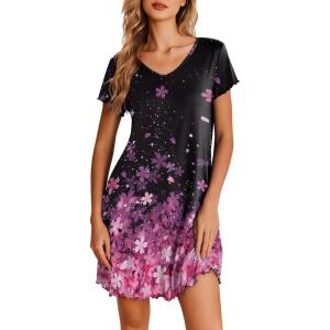 Ekouaer Nightgowns for Women Short Sleeve Sleepshirt V Neck Short Nightshirt Pullover Soft Ruffled Sleepwear S-XXXL(Pink Flower)