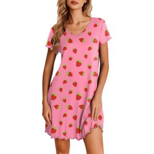Ekouaer Nightgowns for Women Short Sleeve Sleepshirt V Neck Short Nightshirt Pullover Soft Ruffled Sleepwear S-XXXL(Pink Strawberry)