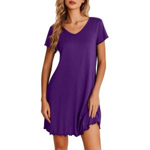 Ekouaer Nightgowns for Women Short Sleeve Sleepshirt V Neck Short Nightshirt Pullover Soft Ruffled Sleepwear S-XXXL(Purple)
